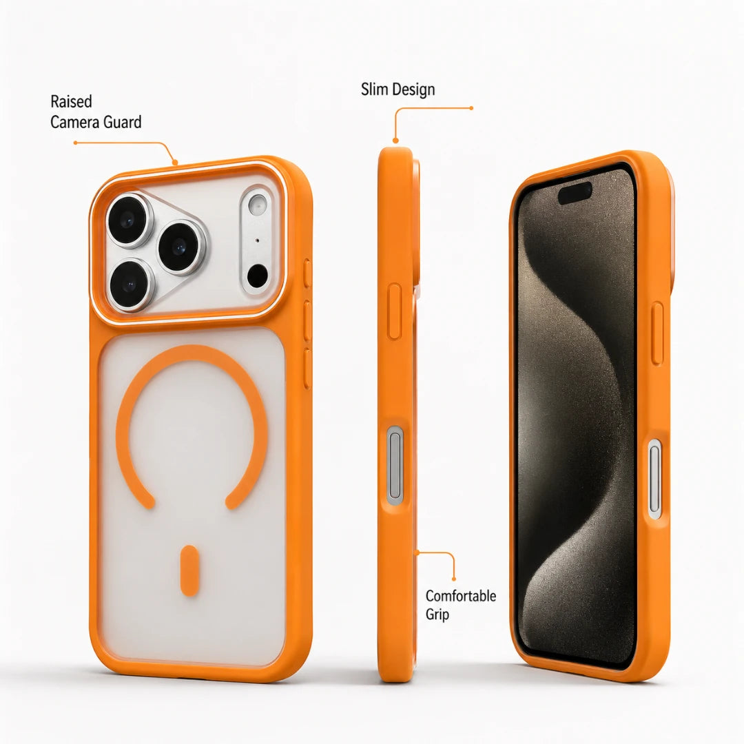 Josh & Tate - JoyRing™ MagSafe iPhone Case - Three views of an orange and translucent white phone case on a light gray background, with callout labels pointing to the raised camera guard, slim design, and comfortable grip.