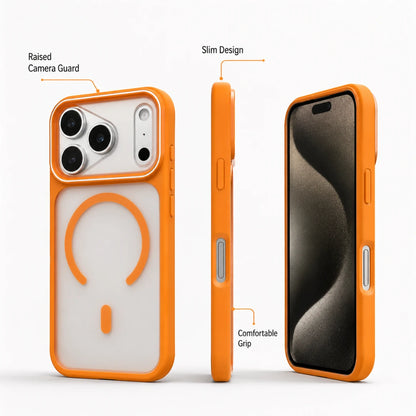 Josh & Tate - JoyRing™ MagSafe iPhone Case - Three views of an orange and translucent white phone case on a light gray background, with callout labels pointing to the raised camera guard, slim design, and comfortable grip.