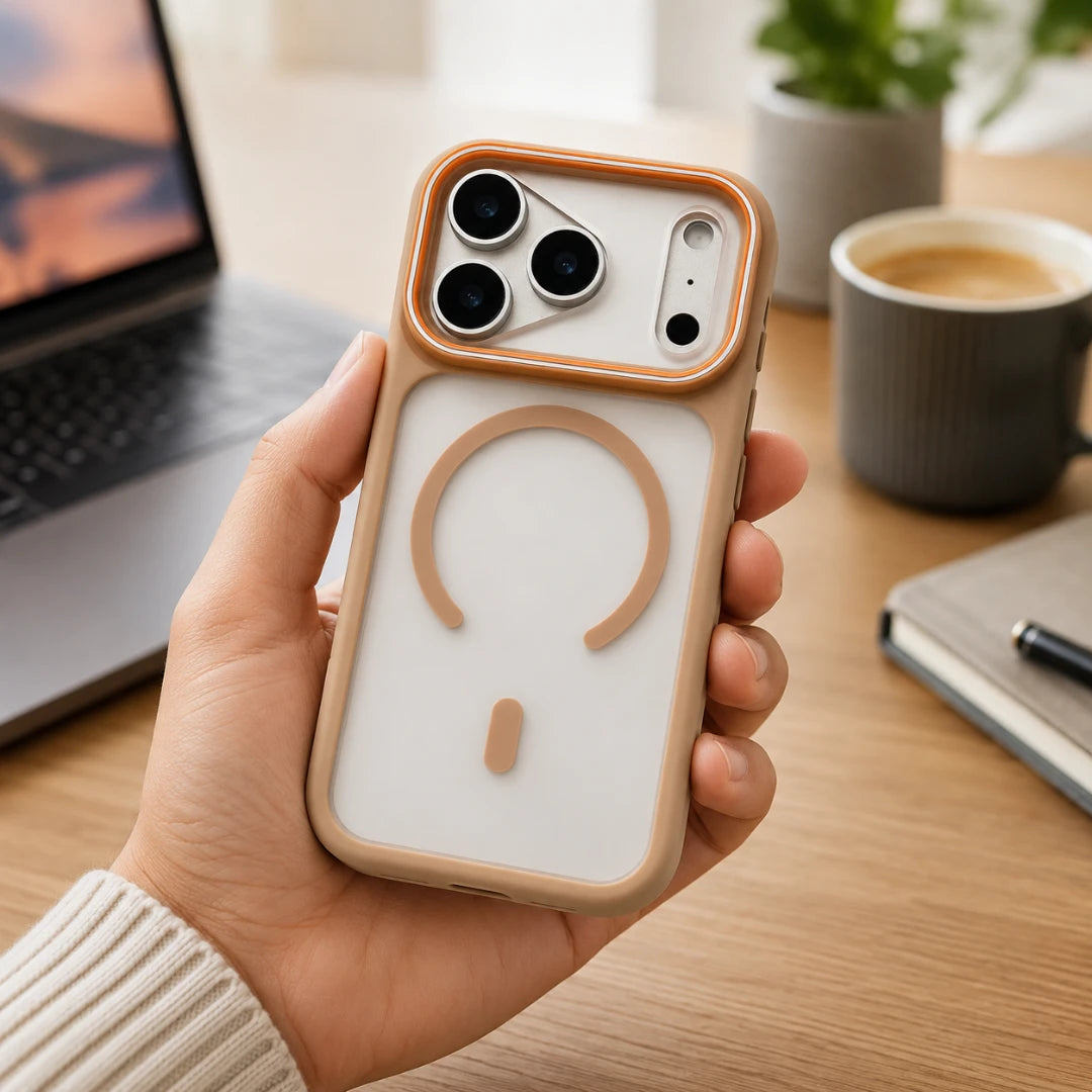 Josh & Tate - JoyRing™ MagSafe iPhone Case - A hand holds a phone case in a warm beige and white color scheme, featuring a circular magnetic design on the back, set against a cozy desk background with a laptop, coffee, and notebook.