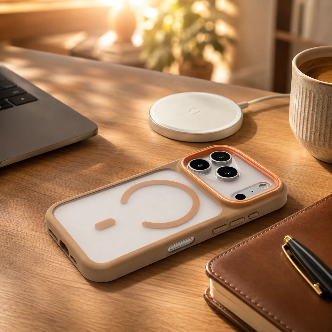 A beige and white phone case with a light brown magnetic ring, shown on a smartphone on a wooden desk next to a wireless charger, laptop, coffee cup, and notebook.