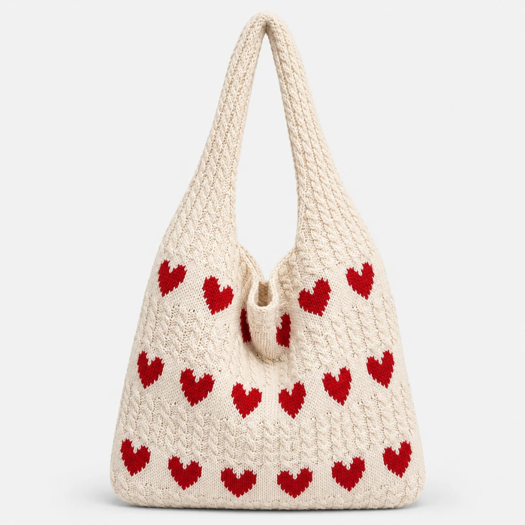 Josh & Tate - KnitLove™ Heart Pattern Tote - Crocheted bag with red heart patterns on a white background