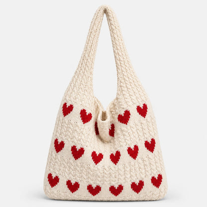 Josh & Tate - KnitLove™ Heart Pattern Tote - Crocheted bag with red heart patterns on a white background