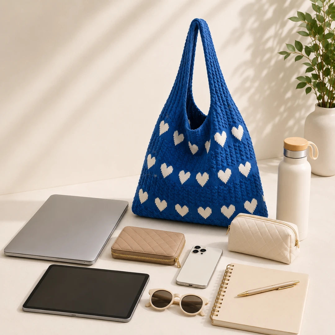 Josh & Tate - KnitLove™ Heart Pattern Tote - Blue knitted bag with white heart patterns on a table with laptop, phone, tablet, and other items.