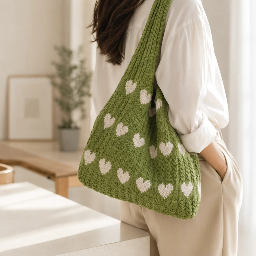 Josh & Tate - KnitLove™ Heart Pattern Tote - Person holding a green knitted bag with heart patterns in a home setting.