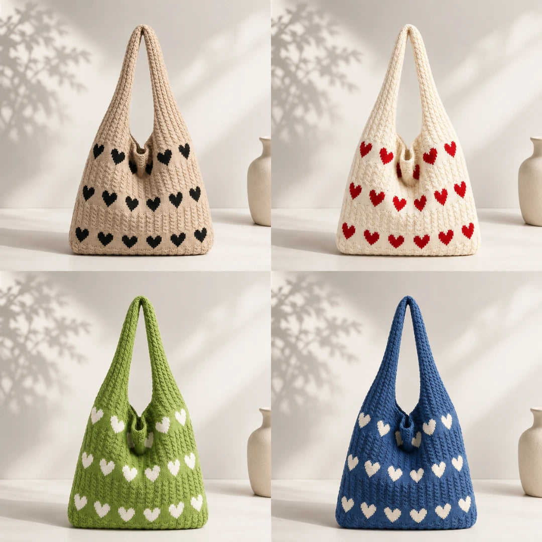 Josh & Tate - KnitLove™ Heart Pattern Tote - Four crocheted bags with heart patterns on a white background