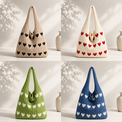 Josh & Tate - KnitLove™ Heart Pattern Tote - Four crocheted bags with heart patterns on a white background