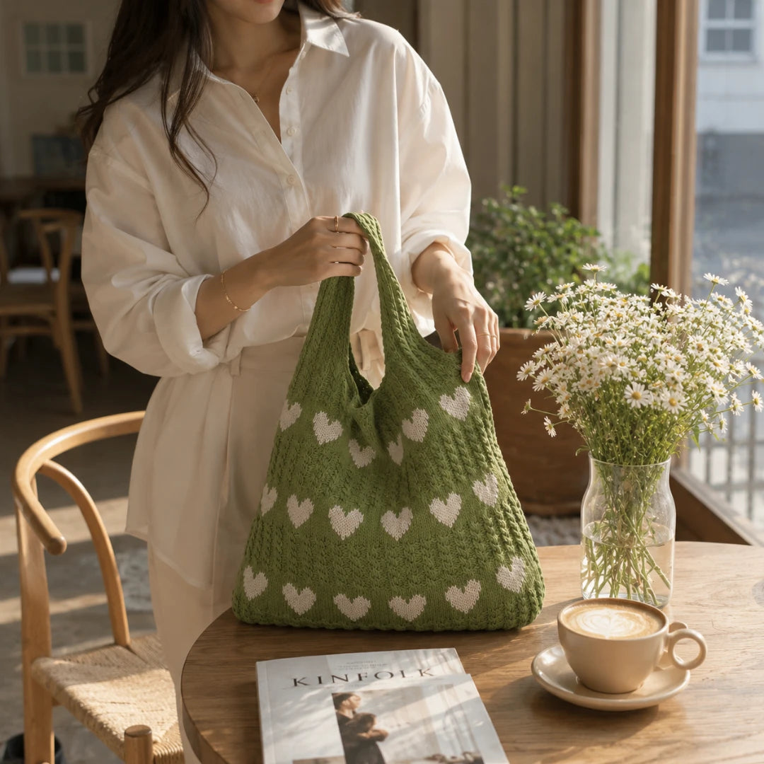 Josh & Tate - KnitLove™ Heart Pattern Tote - Woman holding a green knitted bag with heart patterns, sitting at a table with a cup of coffee and a magazine.