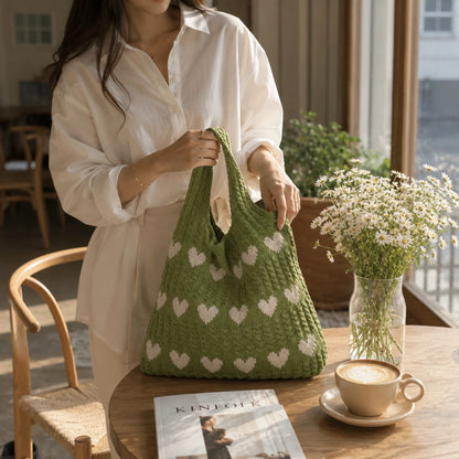 Josh & Tate - KnitLove™ Heart Pattern Tote - Woman holding a green knitted bag with heart patterns, sitting at a table with a cup of coffee and a magazine.