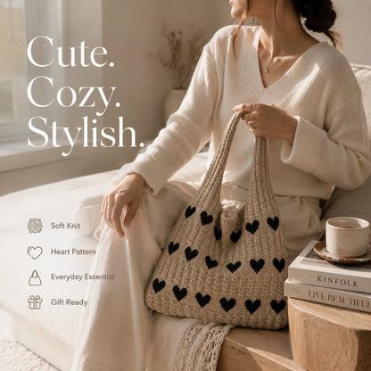 Josh & Tate - KnitLove™ Heart Pattern Tote - Woman holding a knitted bag with heart patterns in a cozy setting