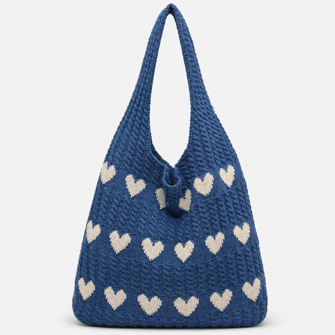 Josh & Tate - KnitLove™ Heart Pattern Tote - Blue knitted bag with heart patterns on a white background