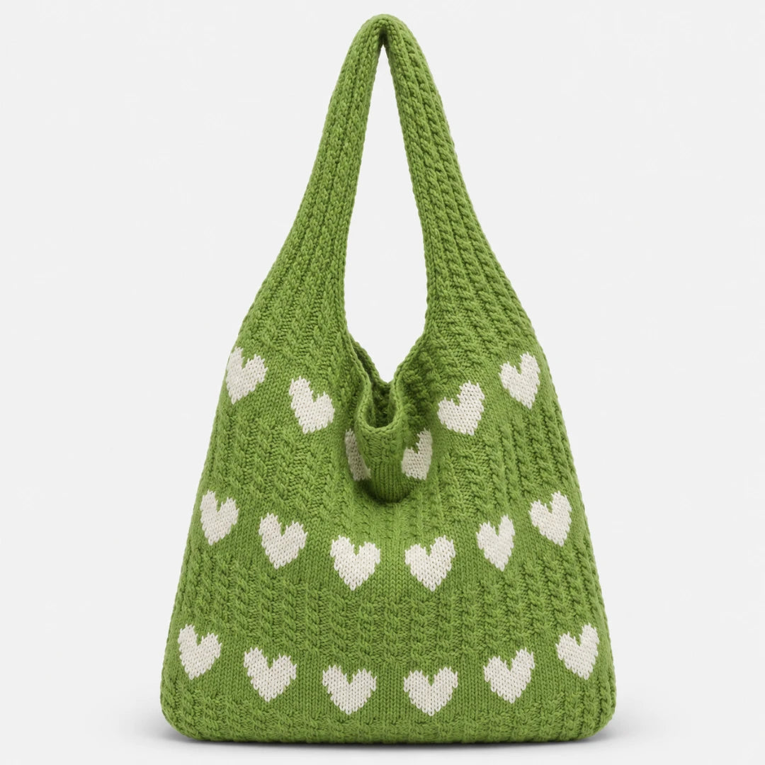 Josh & Tate - KnitLove™ Heart Pattern Tote - Green knitted bag with white heart patterns on a light gray background