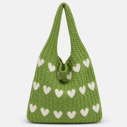 Josh & Tate - KnitLove™ Heart Pattern Tote - Green knitted bag with white heart patterns on a light gray background