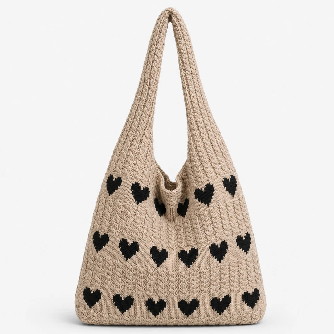 Josh & Tate - KnitLove™ Heart Pattern Tote - Beige handbag with black heart patterns on a white background