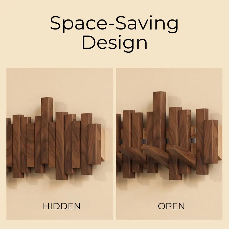 Wooden wall-mounted organizer showing 'Hidden' and 'Open' positions on a beige background.