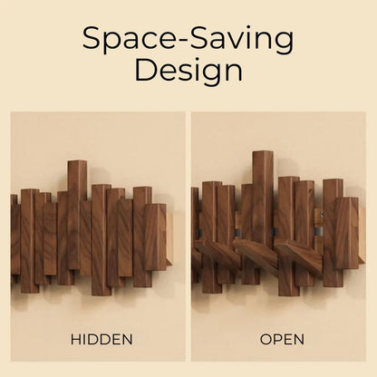 Wooden wall-mounted organizer showing 'Hidden' and 'Open' positions on a beige background.