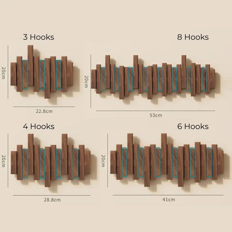 Wall-mounted wooden hook organizer with different hook counts and dimensions on a beige background