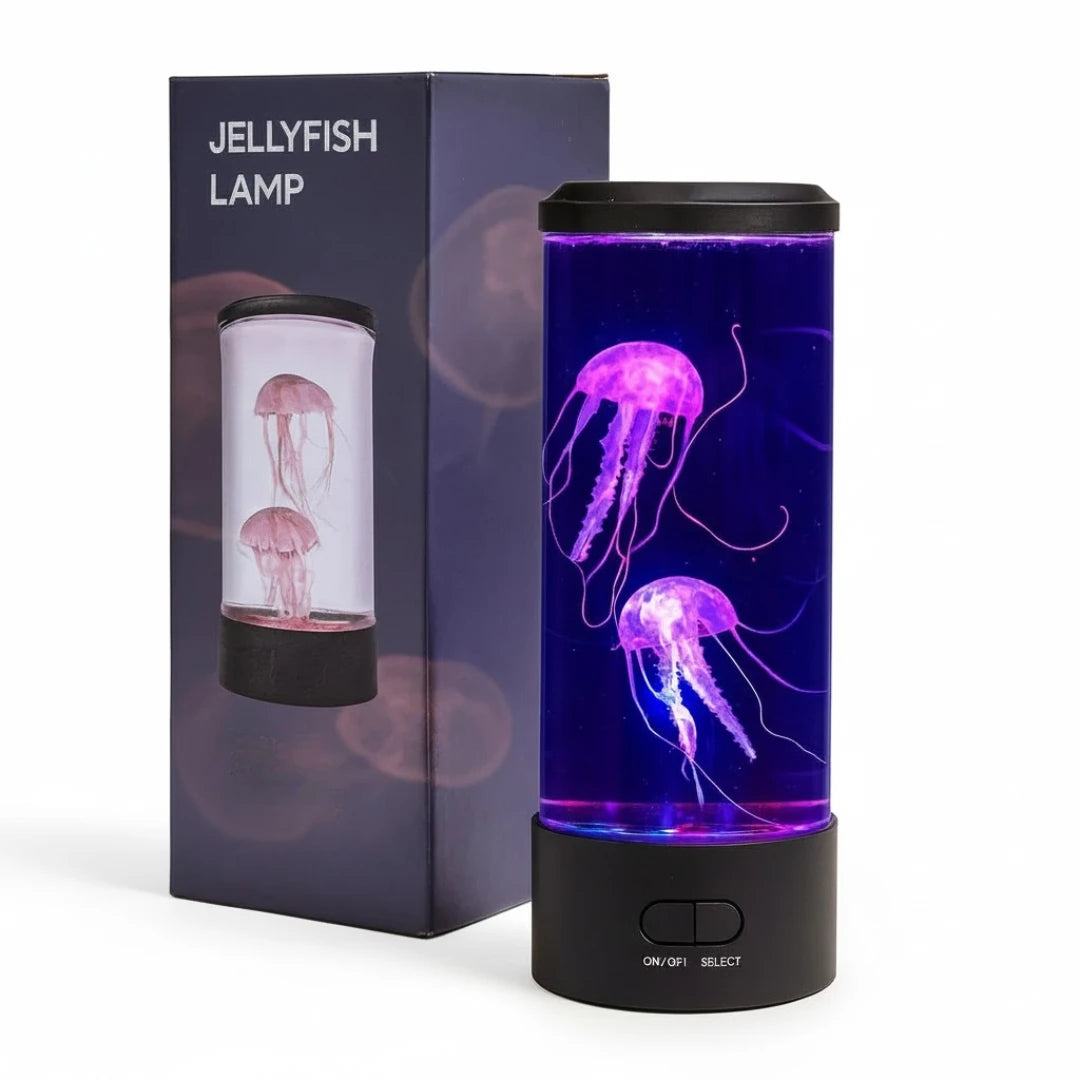 Josh & Tate - LED Jellyfish Ambient Night Lamp - Jellyfish lamp with packaging on a white background
