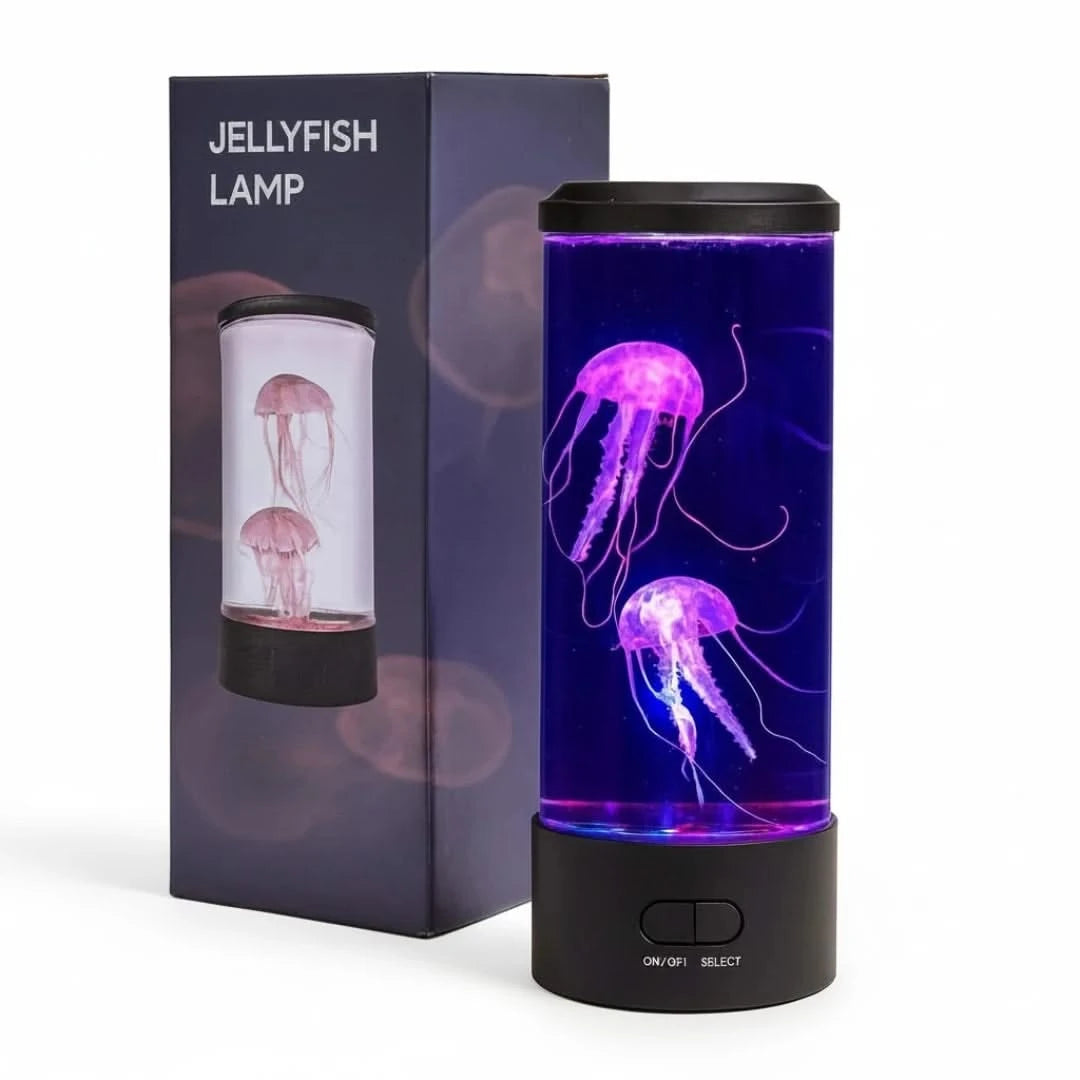 Josh & Tate - LED Jellyfish Ambient Night Lamp - Jellyfish lamp with packaging on a white background