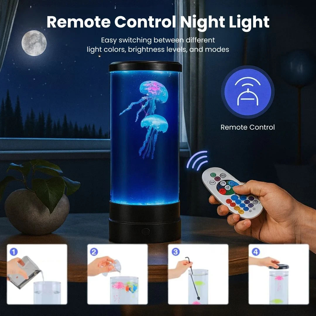 Josh & Tate - LED Jellyfish Ambient Night Lamp - Remote control night light with jellyfish design and remote control on a table.