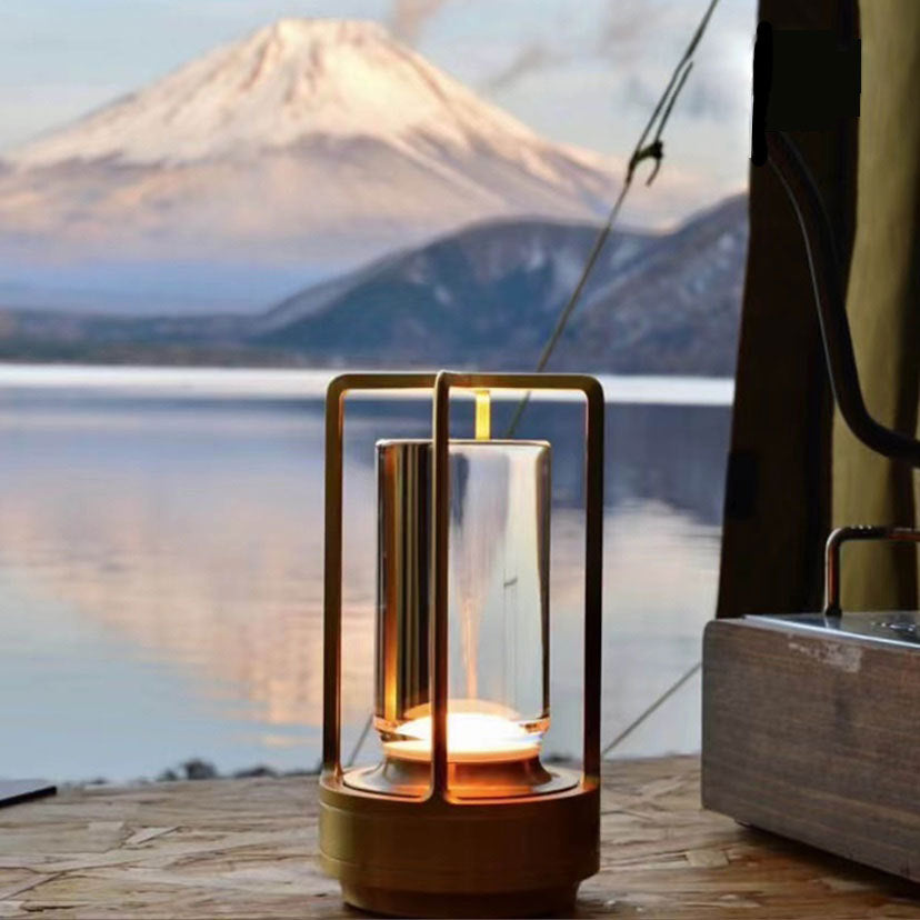 Lantern with a mountain and lake view in the background
