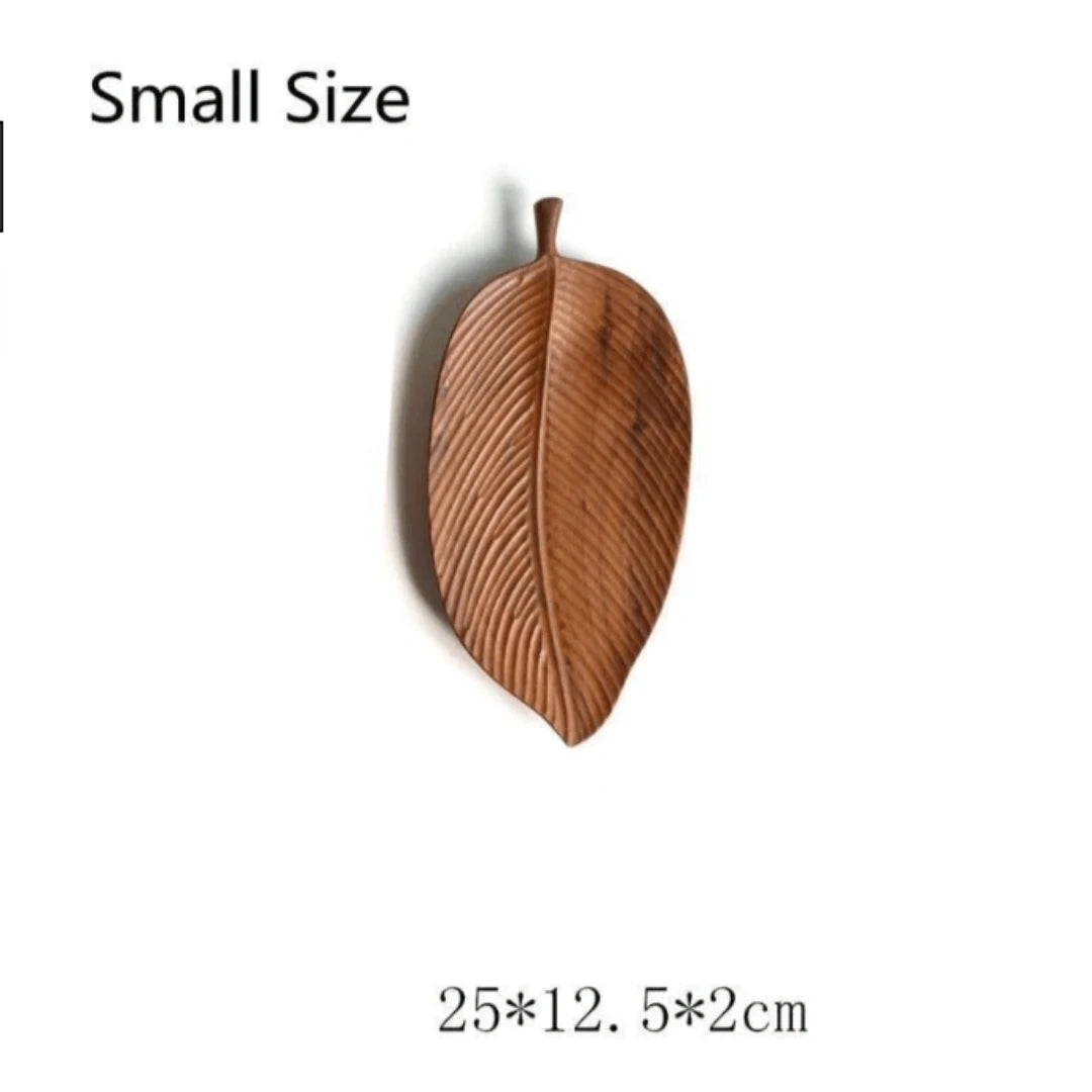 Josh & Tate - Leaf Shaped Wooden Serving Tray - Wooden leaf-shaped item on a white background with text indicating size.