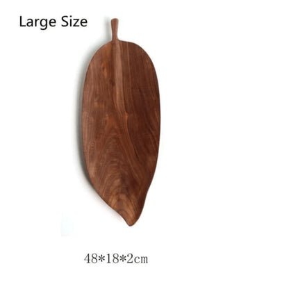 Josh & Tate - Leaf Shaped Wooden Serving Tray - Wooden leaf-shaped cutting board with dimensions on a white background