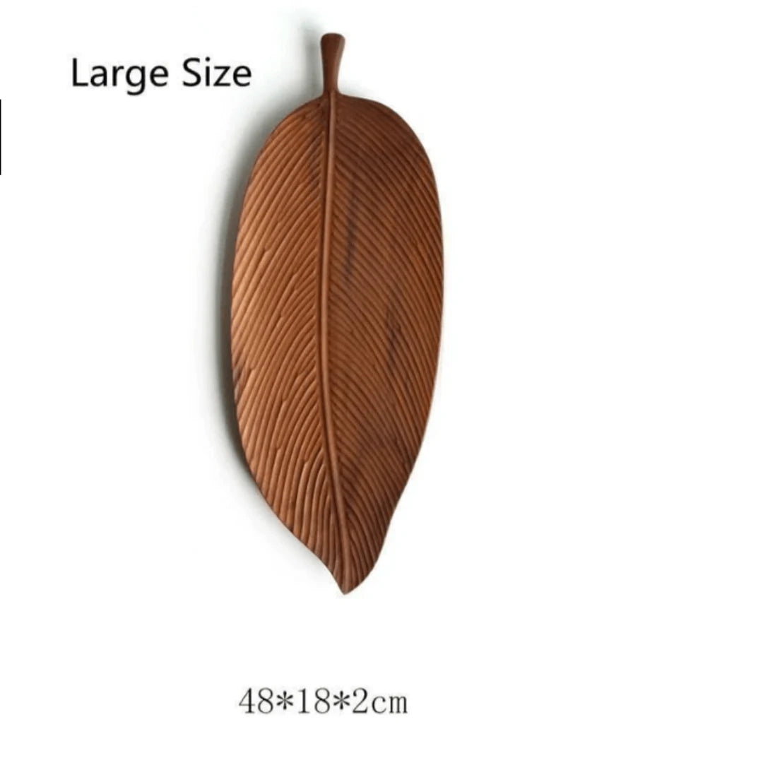 Josh & Tate - Leaf Shaped Wooden Serving Tray - Large leaf-shaped wooden coaster on a white background with dimensions displayed.