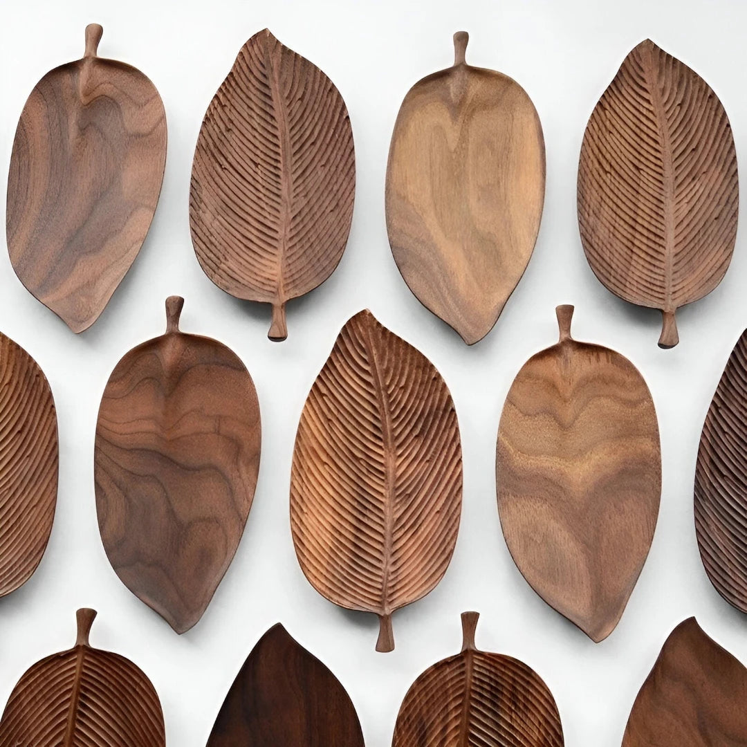 Josh & Tate - Leaf Shaped Wooden Serving Tray - Wooden leaf-shaped trays arranged in a grid on a white background