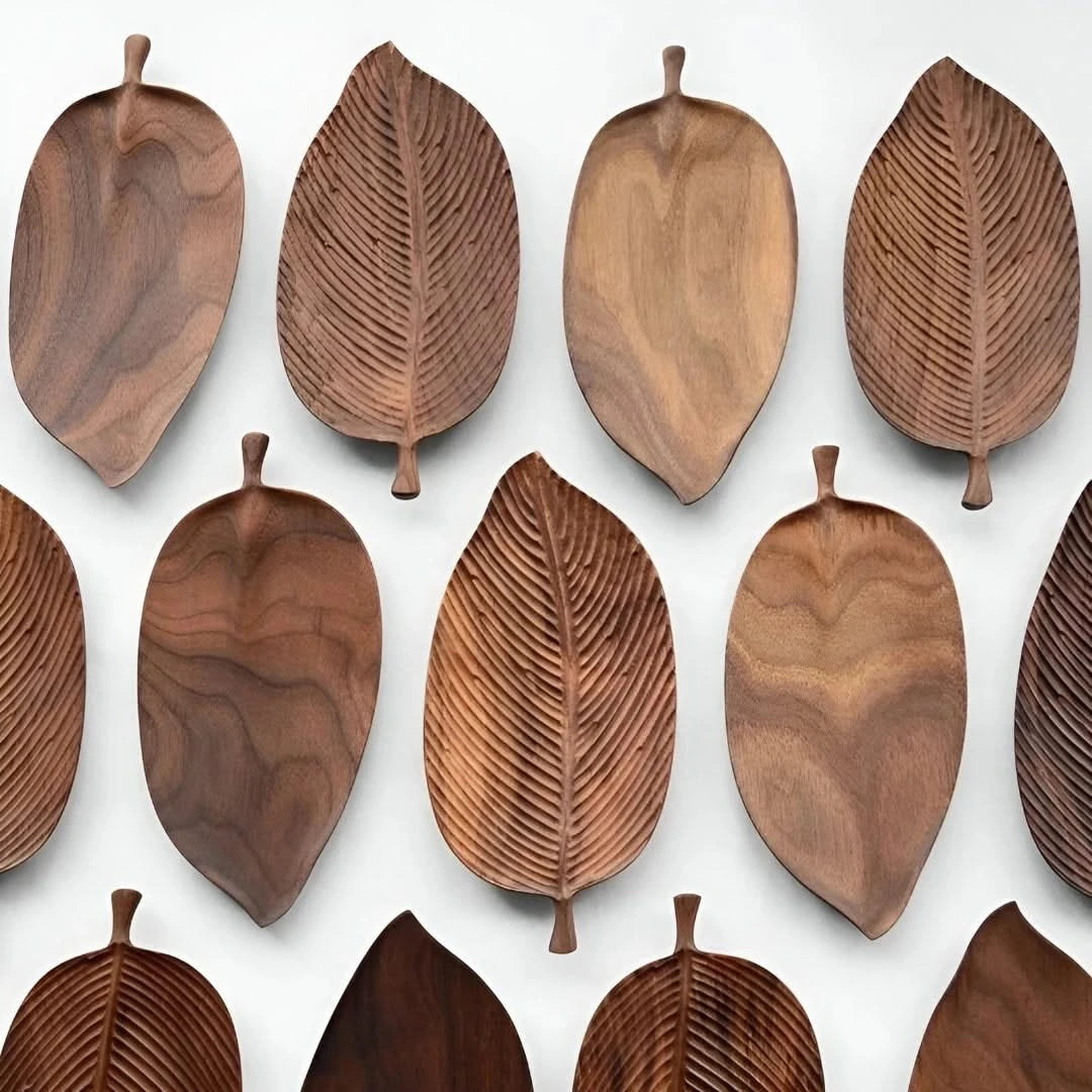 Josh & Tate - Leaf Shaped Wooden Serving Tray - Wooden leaf-shaped trays arranged in a grid on a white background