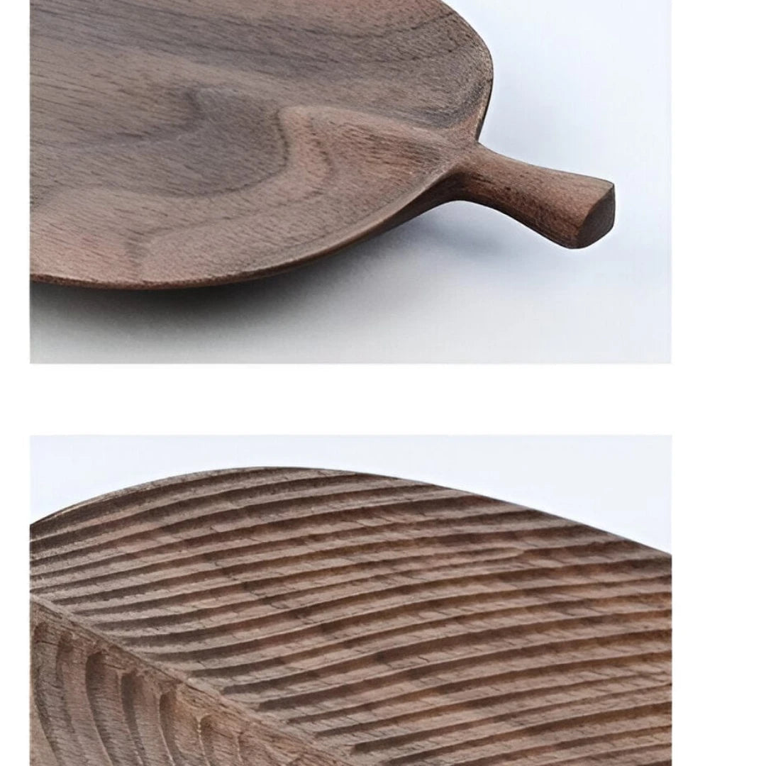 Josh & Tate - Leaf Shaped Wooden Serving Tray - Wooden serving board with handle on a white background