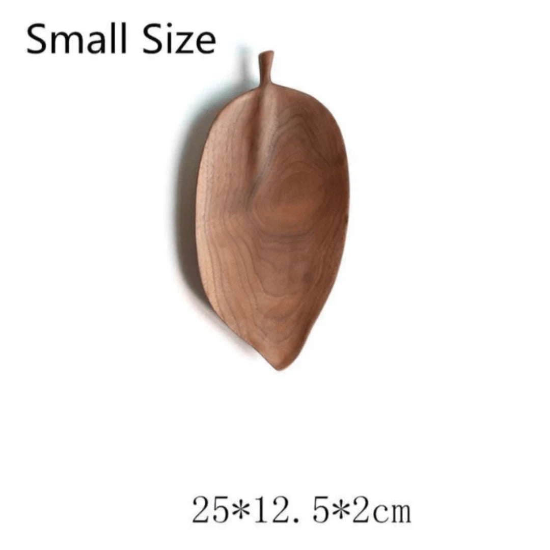Josh & Tate - Leaf Shaped Wooden Serving Tray - Wooden leaf-shaped cutting board on a white background with dimensions displayed.