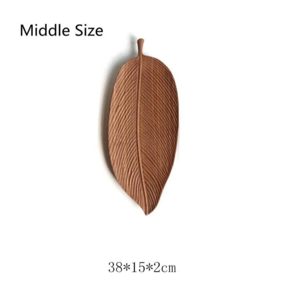 Josh & Tate - Leaf Shaped Wooden Serving Tray - Brown leaf-shaped object with dimensions on a white background