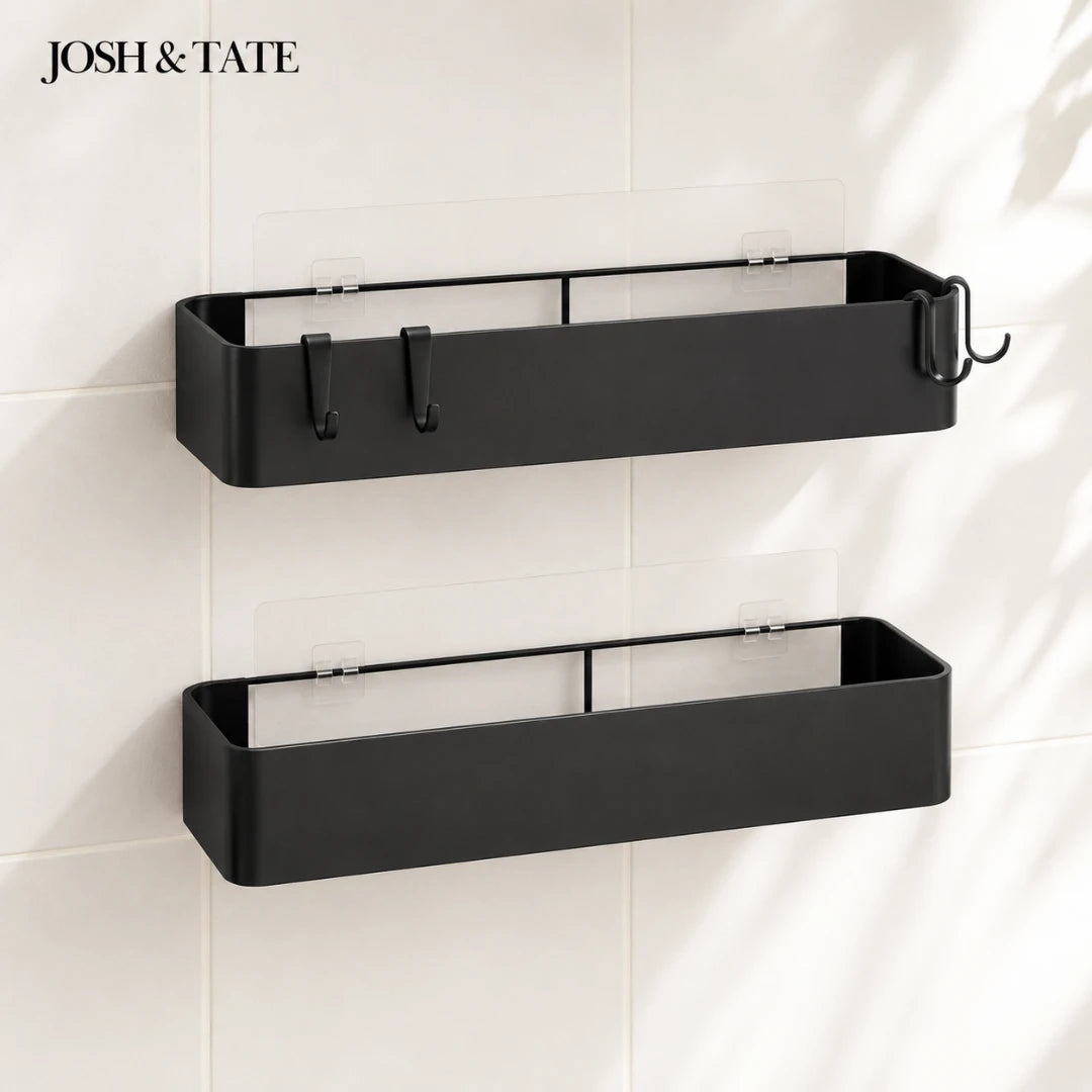 Josh & Tate - LineShelf™ Matte Black Adhesive Shelf Set - Two black wall-mounted shelves on a tiled wall with 'JOSH & Tate' branding.