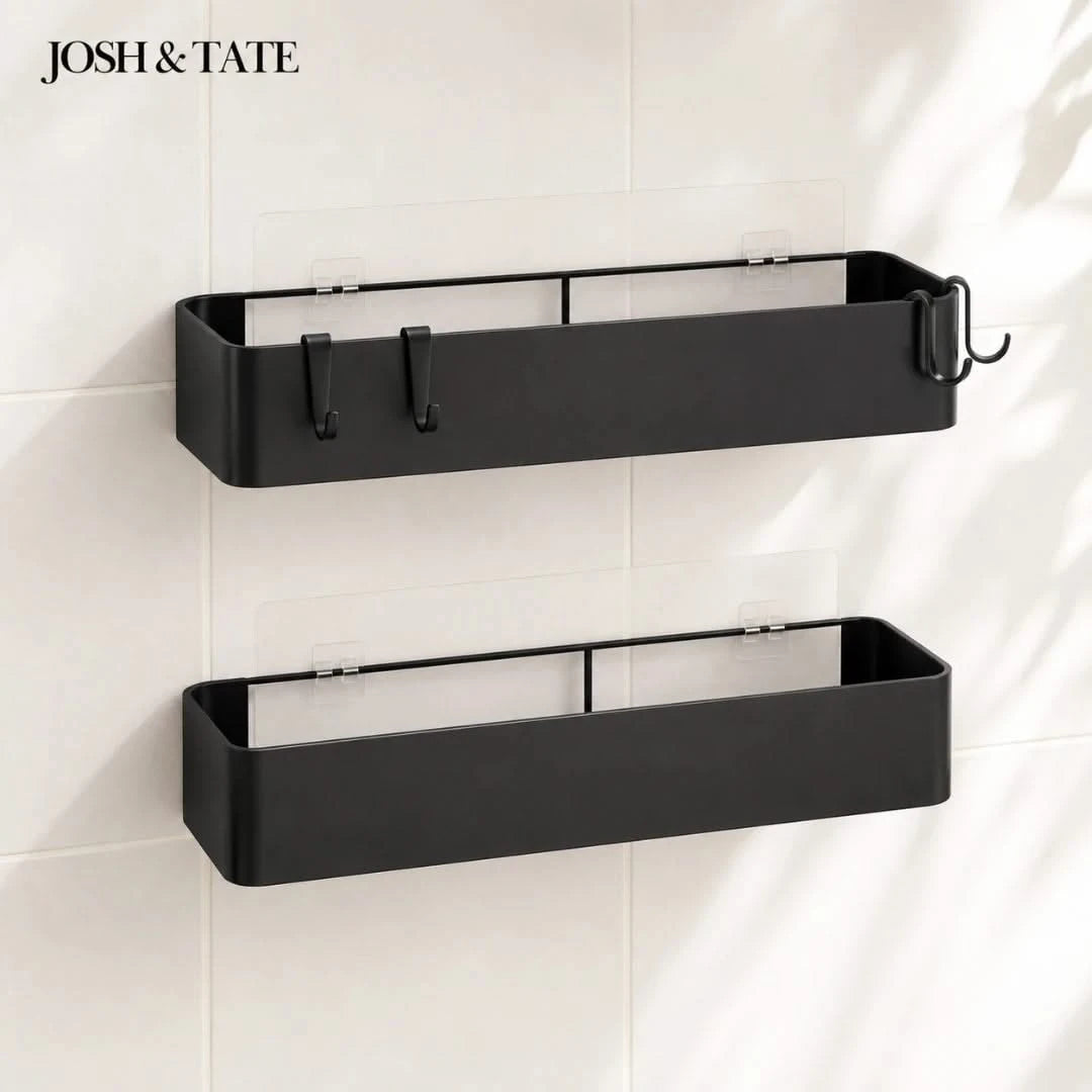 Josh & Tate - LineShelf™ Matte Black Adhesive Shelf Set - Two black wall-mounted shelves on a tiled wall with 'JOSH & Tate' branding.