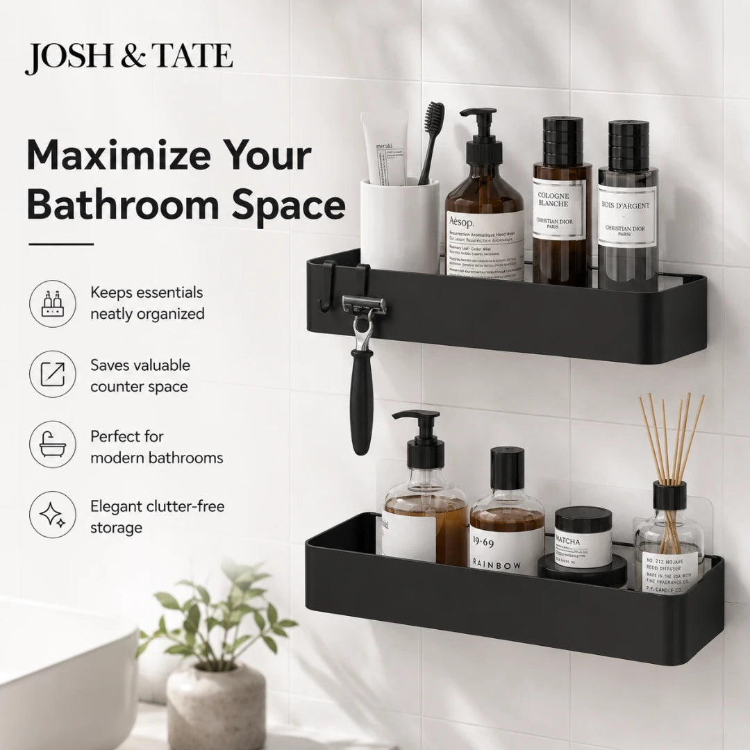 Josh & Tate - LineShelf™ Matte Black Adhesive Shelf Set - Black wall-mounted bathroom shelf with toiletries against a tiled wall, featuring the brand 'Josh & Tate'.