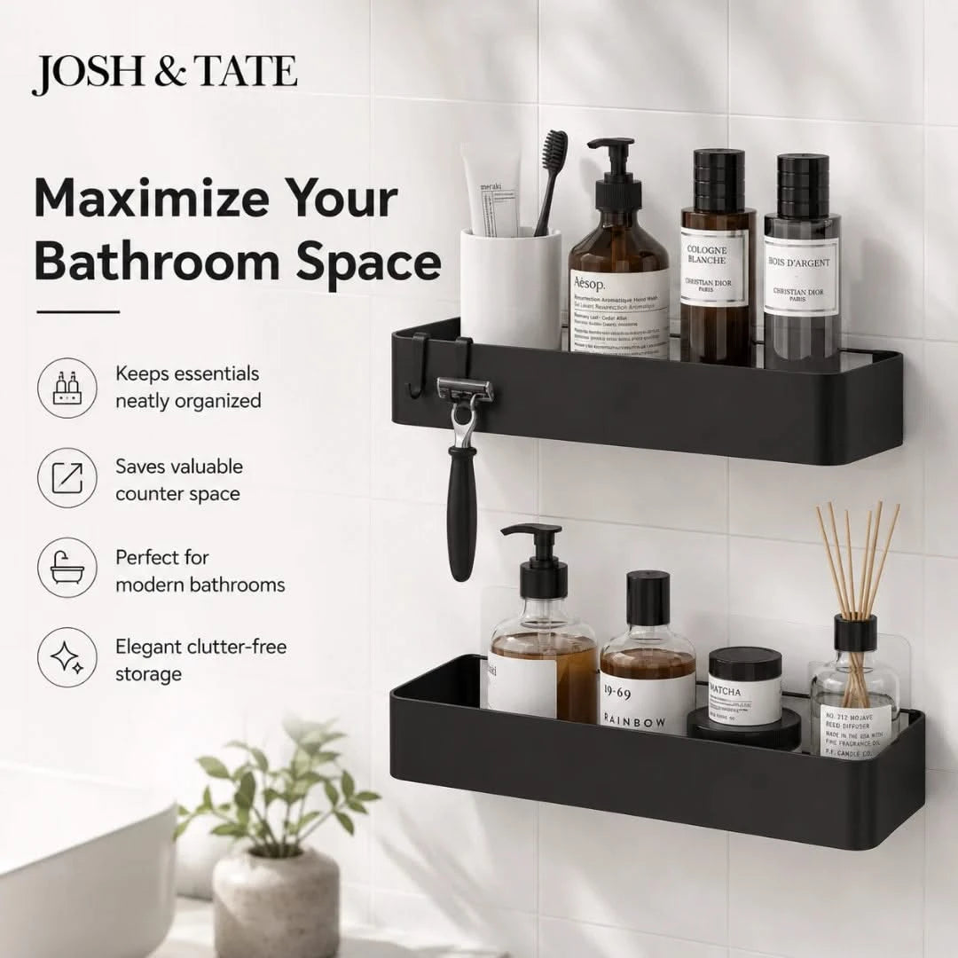 Josh & Tate - LineShelf™ Matte Black Adhesive Shelf Set - Black wall-mounted bathroom shelf with toiletries against a tiled wall, featuring the brand 'Josh & Tate'.