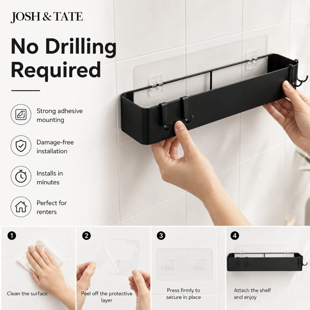 Josh & Tate - LineShelf™ Matte Black Adhesive Shelf Set - Black wall-mounted shelf with installation instructions on a tiled wall background.