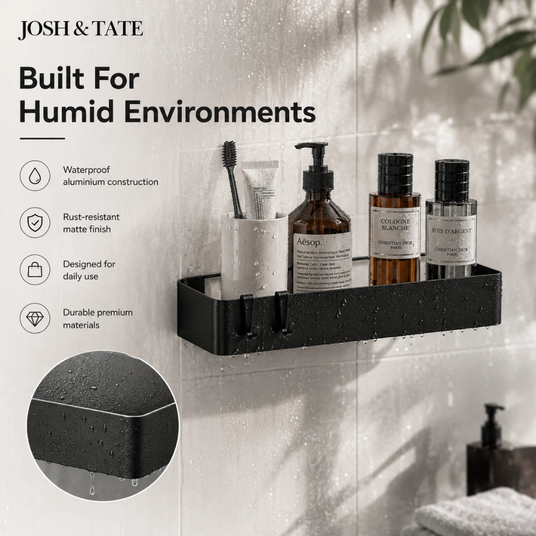 Josh & Tate - LineShelf™ Matte Black Adhesive Shelf Set - Black bathroom shelf with toiletries against a tiled wall, featuring Josh & Tate branding.