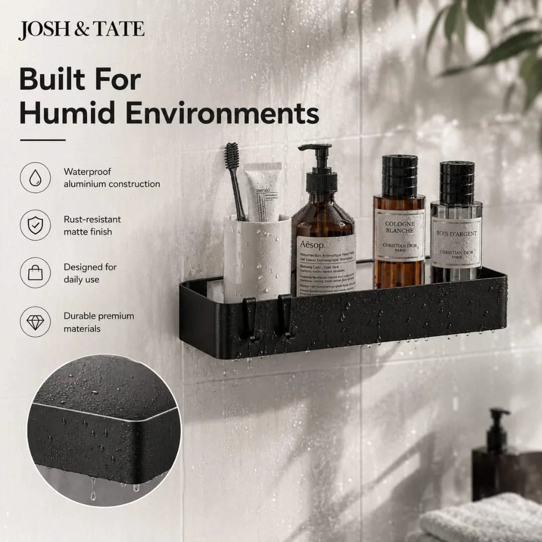 Josh & Tate - LineShelf™ Matte Black Adhesive Shelf Set - Black bathroom shelf with toiletries against a tiled wall, featuring Josh & Tate branding.