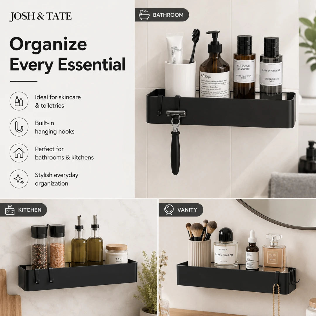 Josh & Tate - LineShelf™ Matte Black Adhesive Shelf Set - Black wall-mounted shelf with various toiletries in a bathroom setting, featuring the brand 'Josh & Tate'.