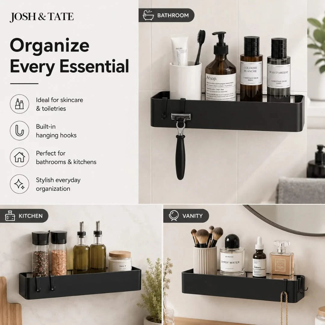 Josh & Tate - LineShelf™ Matte Black Adhesive Shelf Set - Black wall-mounted shelf with various toiletries in a bathroom setting, featuring the brand 'Josh & Tate'.