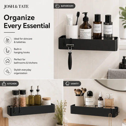Josh & Tate - LineShelf™ Matte Black Adhesive Shelf Set - Black wall-mounted shelf with various toiletries in a bathroom setting, featuring the brand 'Josh & Tate'.