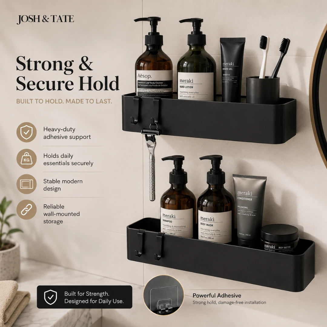 Josh & Tate - LineShelf™ Matte Black Adhesive Shelf Set - Black wall-mounted shelf with bathroom products on a neutral background, featuring Josh & Tate branding.