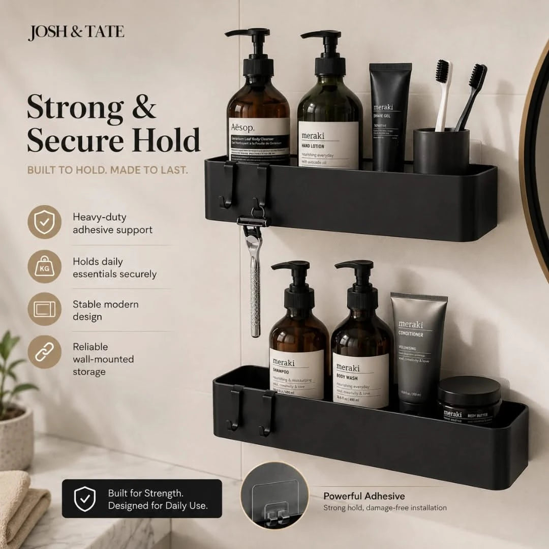 Josh & Tate - LineShelf™ Matte Black Adhesive Shelf Set - Black wall-mounted shelf with bathroom products on a neutral background, featuring Josh & Tate branding.