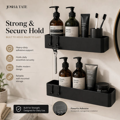 Josh & Tate - LineShelf™ Matte Black Adhesive Shelf Set - Black wall-mounted shelf with bathroom products on a neutral background, featuring Josh & Tate branding.