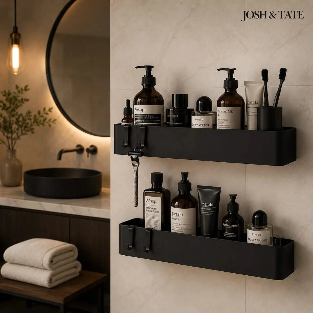 Josh & Tate - LineShelf™ Matte Black Adhesive Shelf Set - Bathroom shelf with skincare products and 'Josh & Tate' branding.