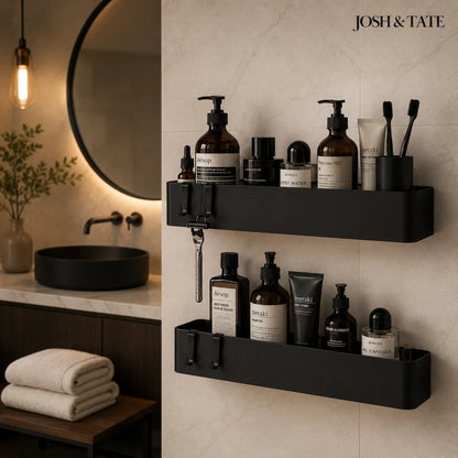 Josh & Tate - LineShelf™ Matte Black Adhesive Shelf Set - Bathroom shelf with skincare products and 'Josh & Tate' branding.