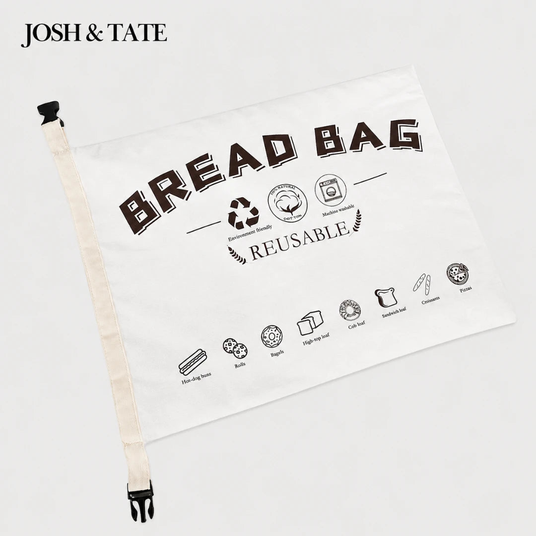 Josh & Tate - LoafSack™ Cotton Bread Bag - Reusable bread bag with branding on a white background