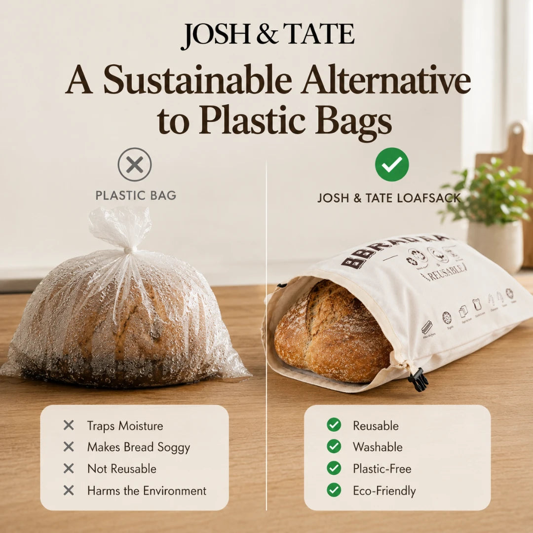 Josh & Tate - LoafSack™ Cotton Bread Bag - Comparison of a plastic bag and a Josh & Tate loaf sack with text highlighting benefits.