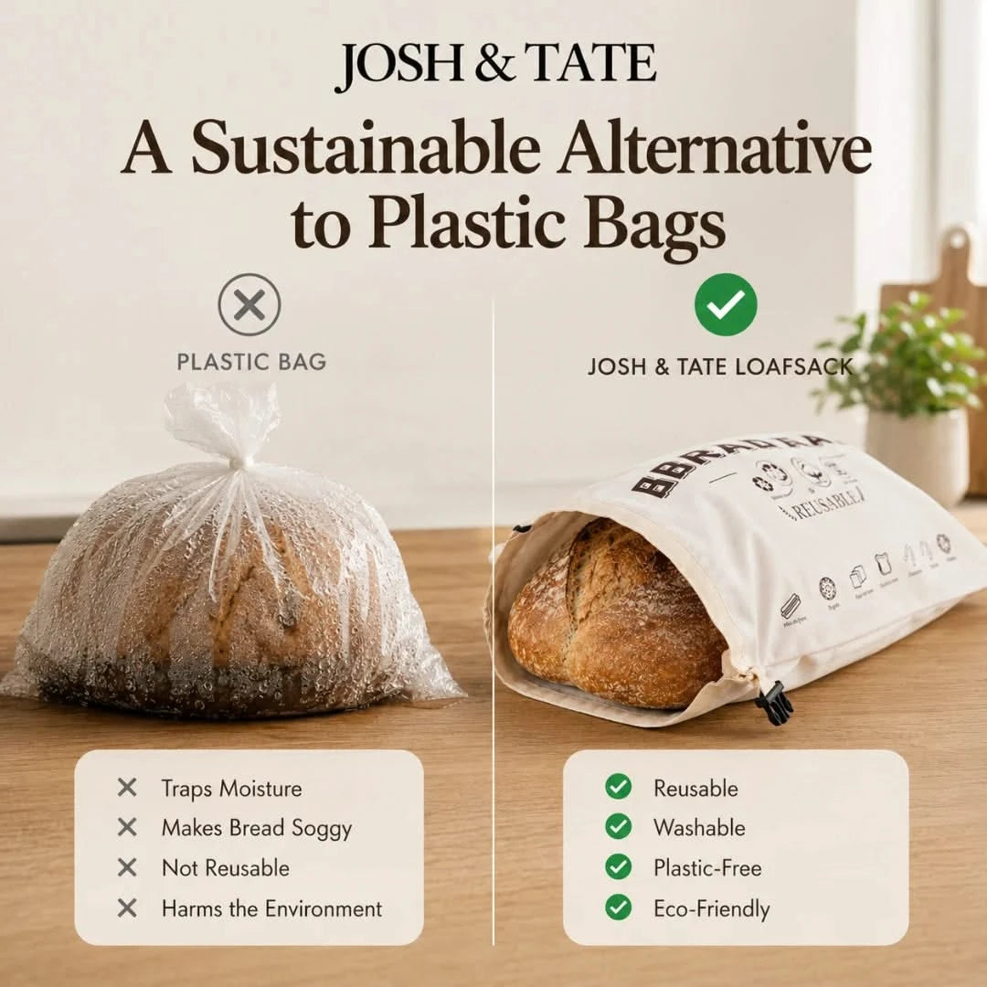 Josh & Tate - LoafSack™ Cotton Bread Bag - Comparison of a plastic bag and a Josh & Tate loaf sack with text highlighting benefits.